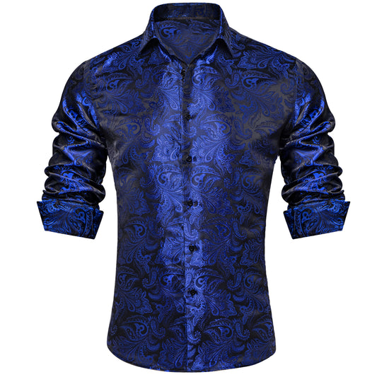 Barry. Wang Mens Navy Blue Paisley Dress Shirt Long Sleeve Button Down Shirt