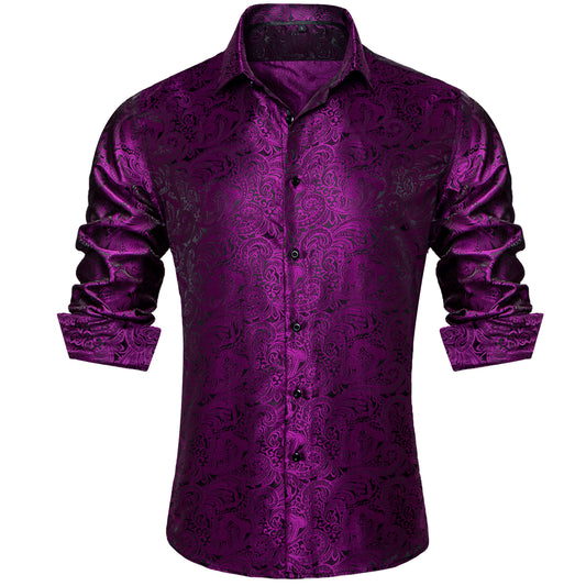 Barry.Wang 2pcs Mens Shirts Purple Green Paisley Shirt Silk Shirt