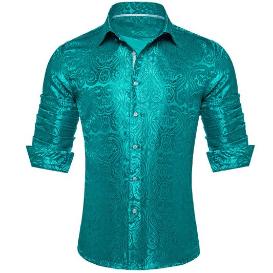 Barry. Wang Teal Blue Paisley Long Sleeve Button Down Dress Shirt