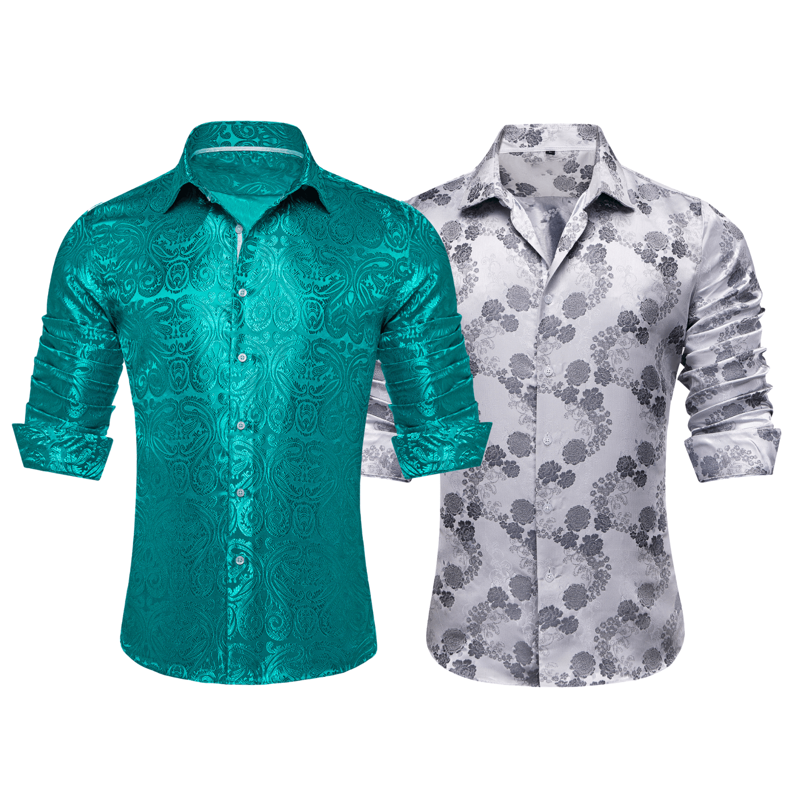 Barry.Wang 2pcs Mens Shirts Green Grey Paisley Shirt Silk Shirt
