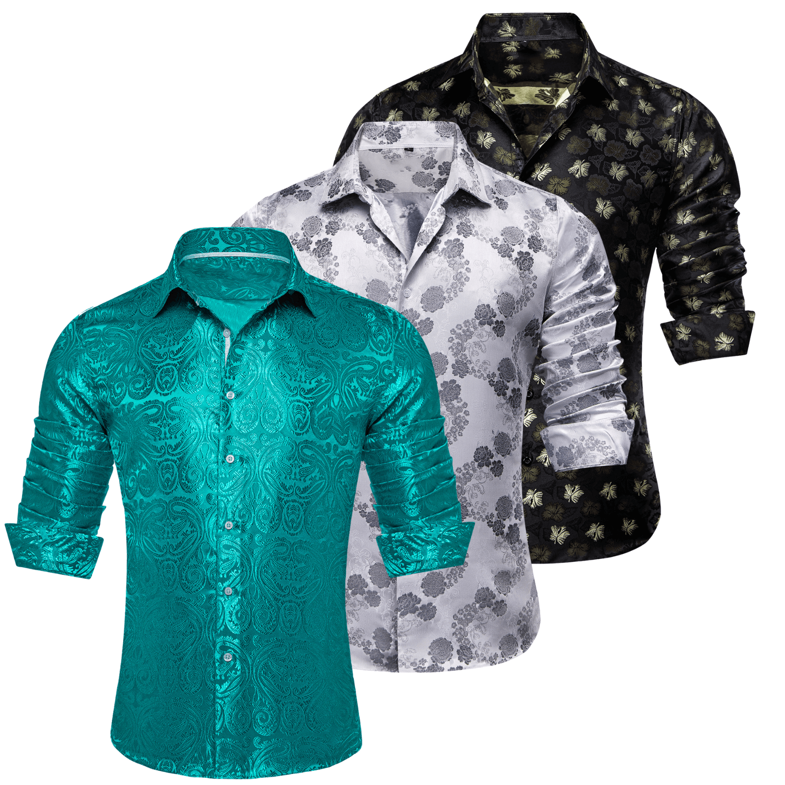 Barry.Wang 3pcs Mens Dress Shirts Green Grey Black Paisley Shirt Silk Shirt
