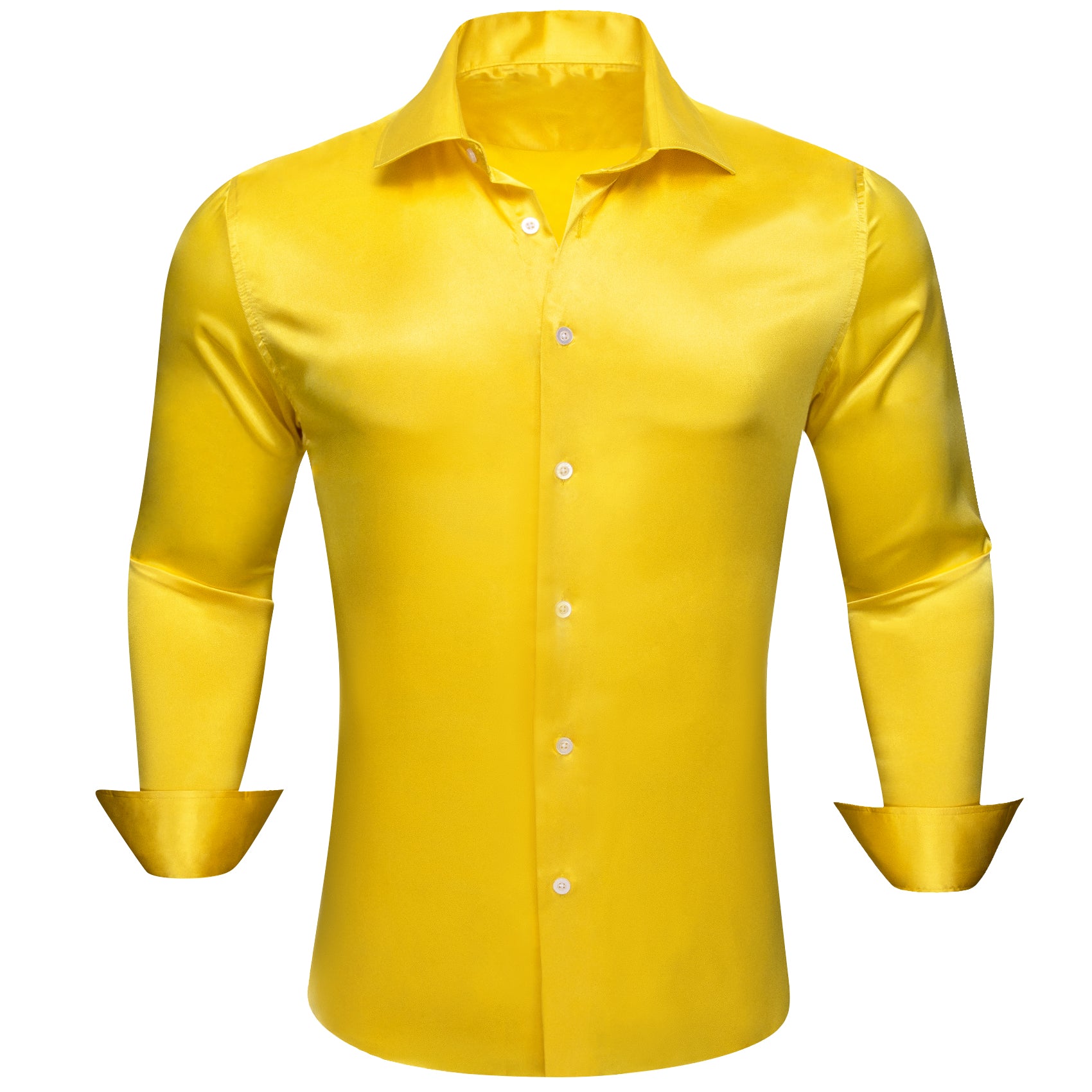 Barry.wang Bright Yellow Solid Silk Men's Long Sleeve Shirt