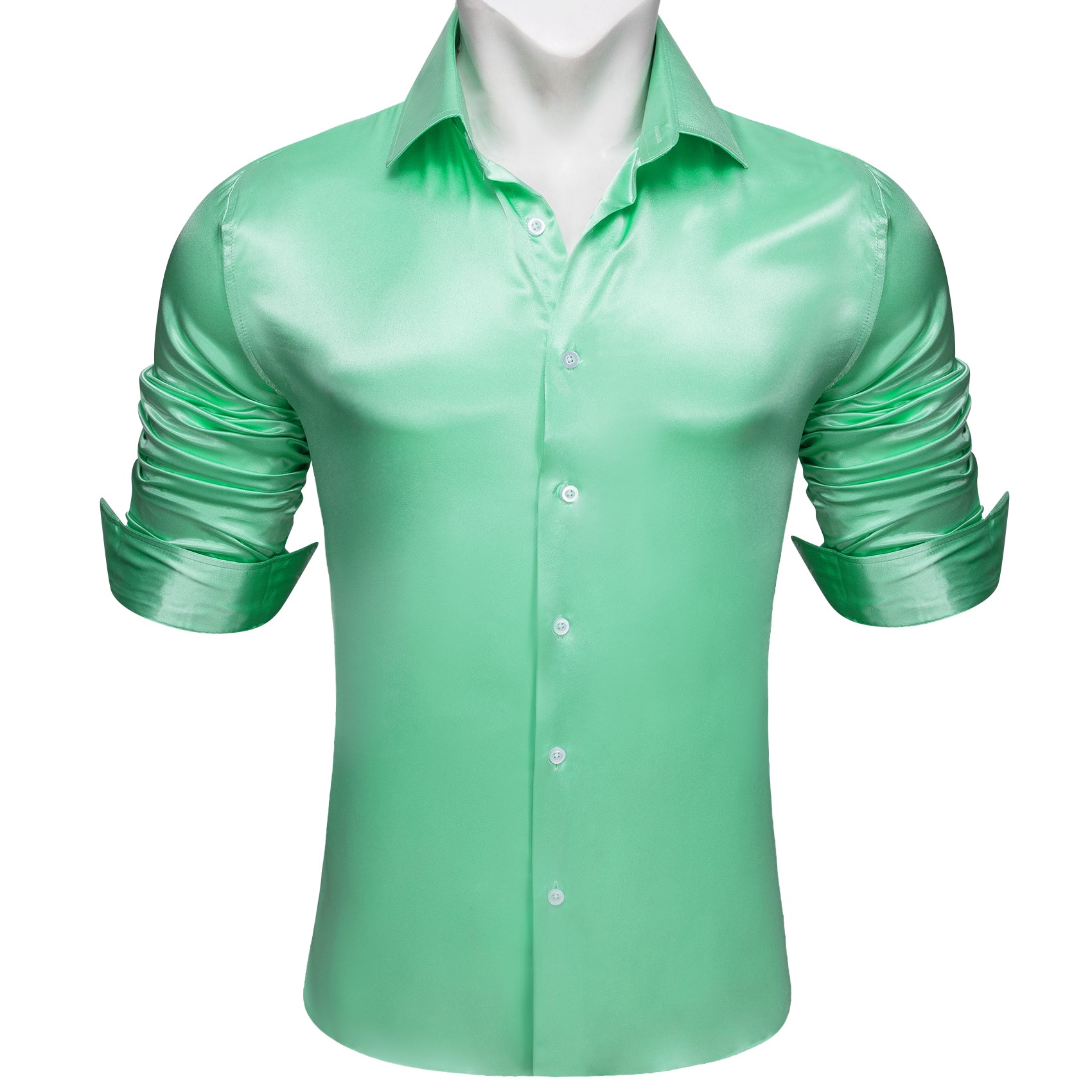 Barry.wang Fashion Green Solid Silk Men's Long Sleeve Shirt