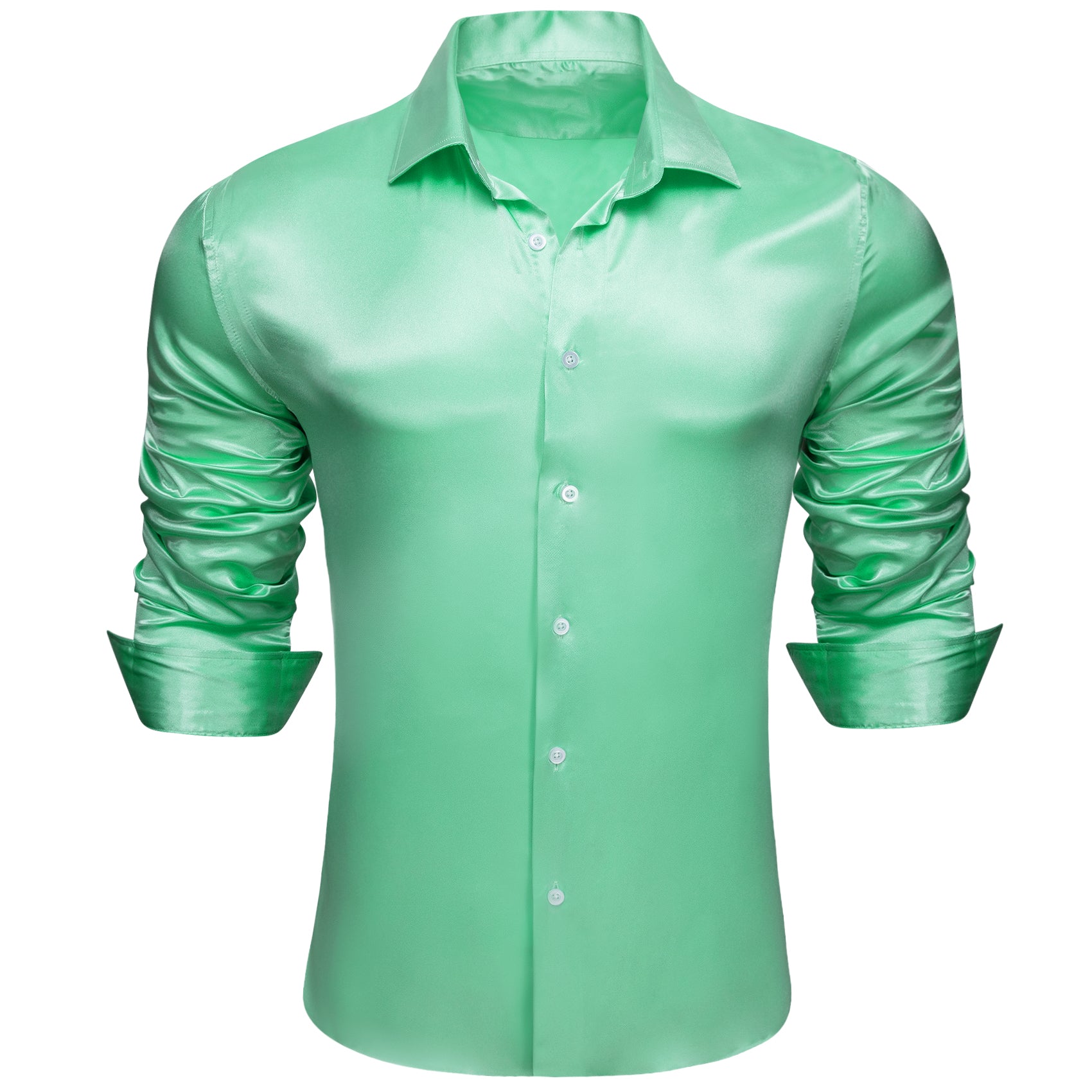 Barry.wang Fashion Green Solid Silk Men's Long Sleeve Shirt