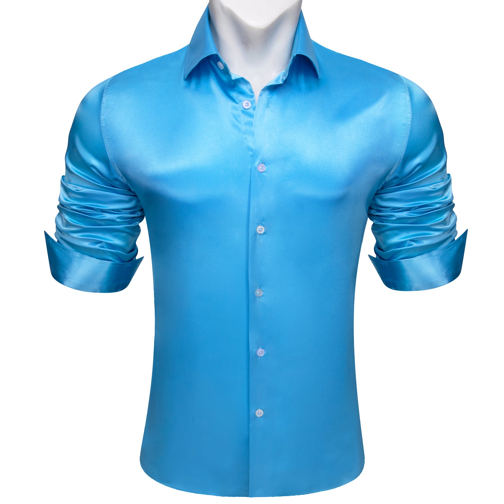 Barry.wang Sky Blue Solid Silk Men's Long Sleeve Shirt