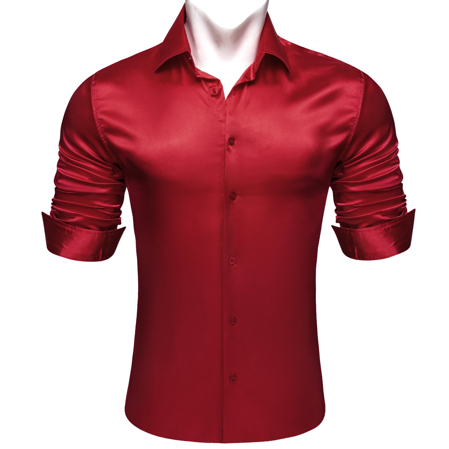 Barry.wang Dark Red Solid Silk Men's Long Sleeve Shirt