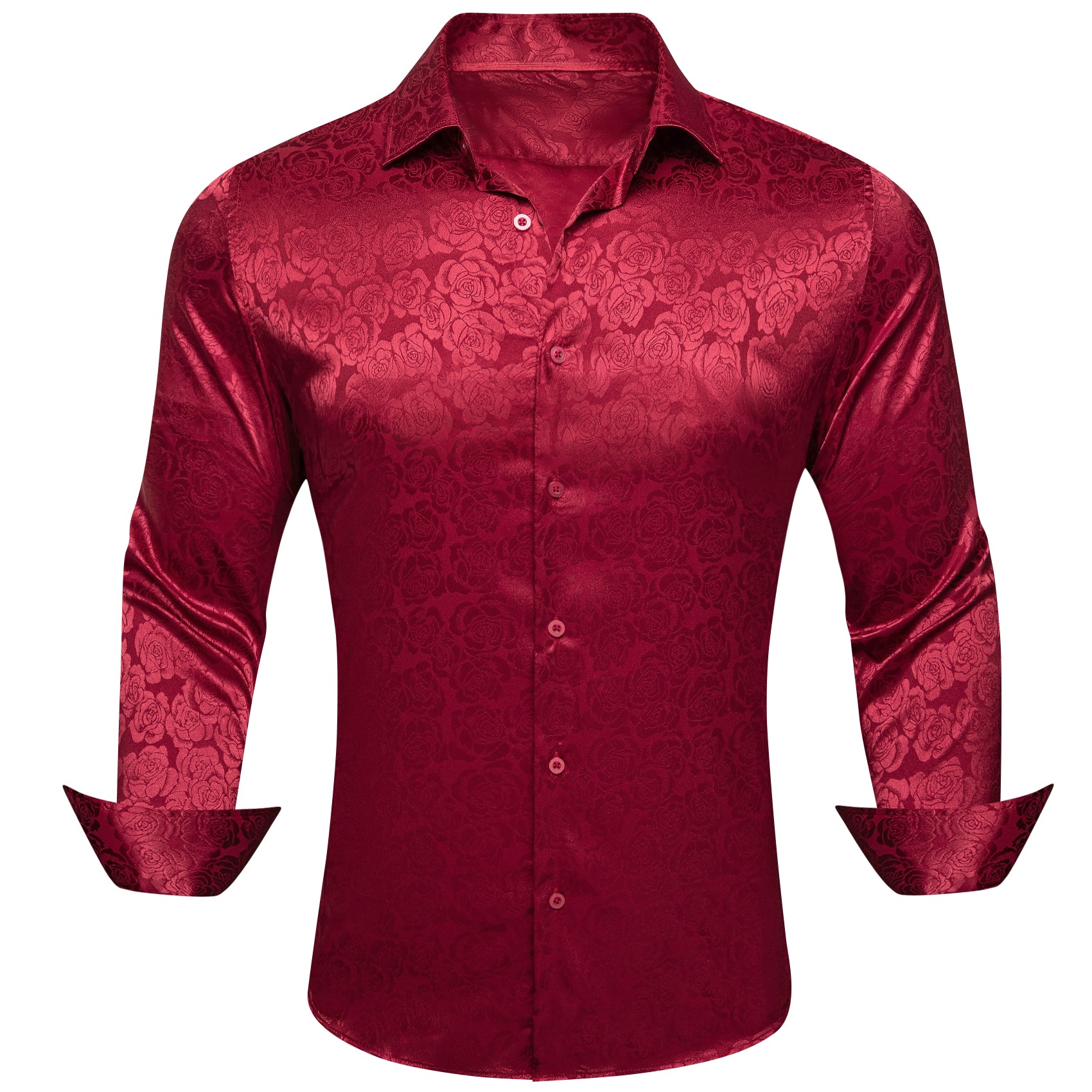 Barry.wang Men's Long Sleeve Shirt Dark Red Print Floral Silk Men's Shirt