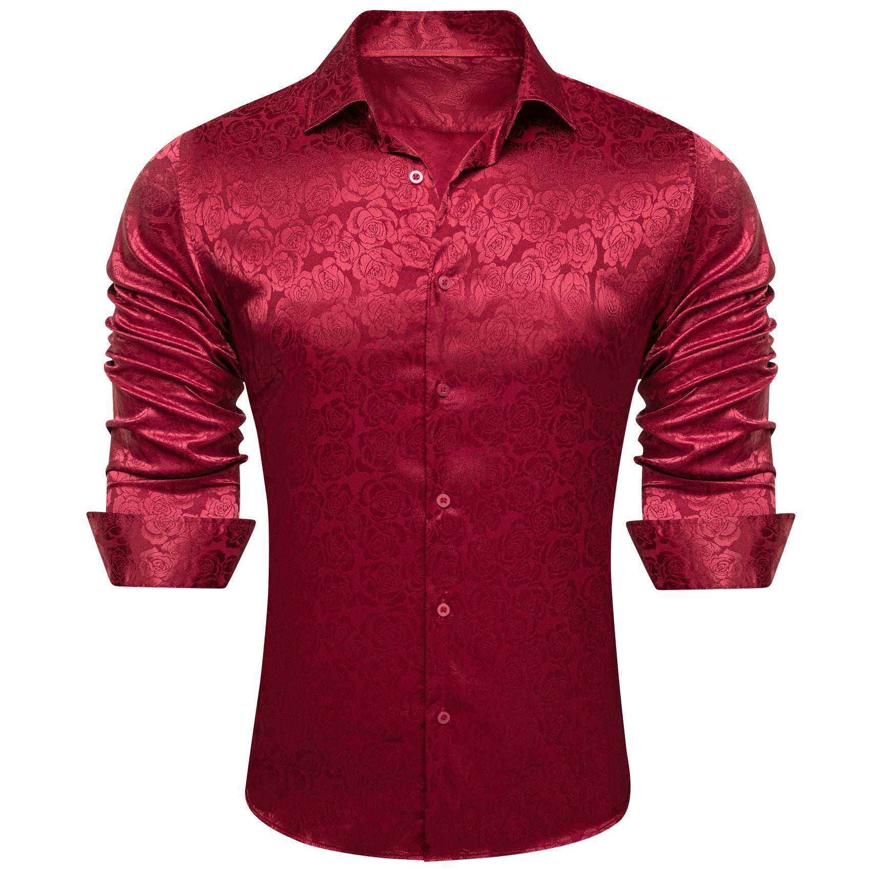 Barry.wang Men's Long Sleeve Shirt Dark Red Print Floral Silk Men's Shirt