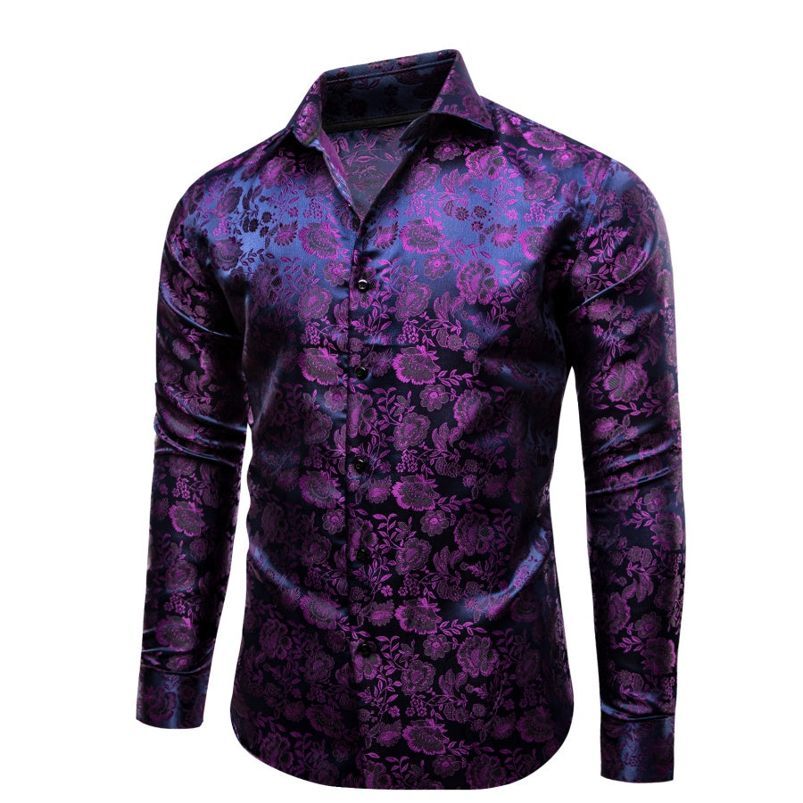 Barry. Wang Mens Purple Floral Dress Shirt Silk Wedding Formal Long Sleeve Shirt, L