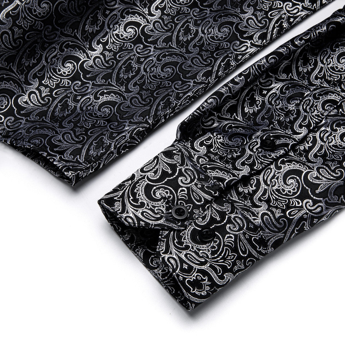 Barry. Wang Grey Casual Shirt Mens Paisley Long Sleeve Button Down Shirt