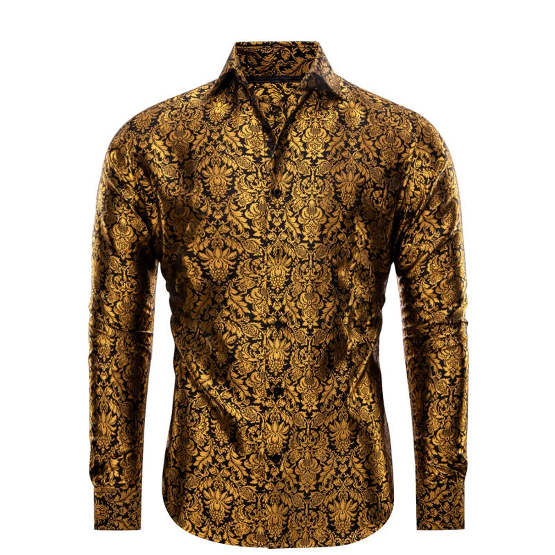 Barry. Wang Gold Floral Dress Shirt for Party Silk Long Sleeve Button Down Shirt