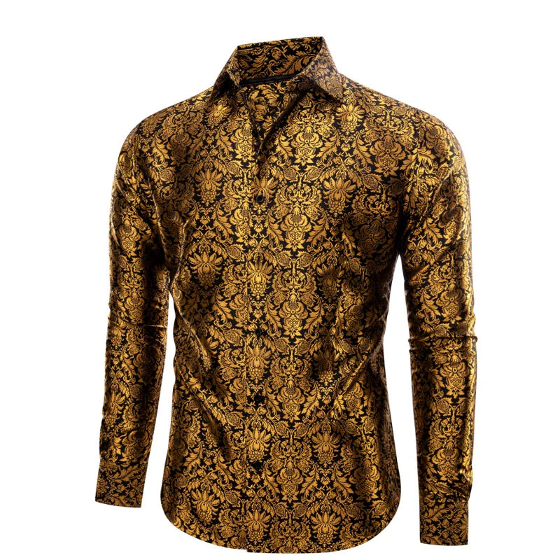 Barry. Wang Gold Floral Dress Shirt for Party Silk Long Sleeve Button Down Shirt