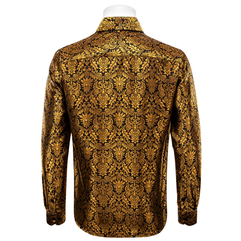 Barry. Wang Gold Floral Dress Shirt for Party Silk Long Sleeve Button Down Shirt