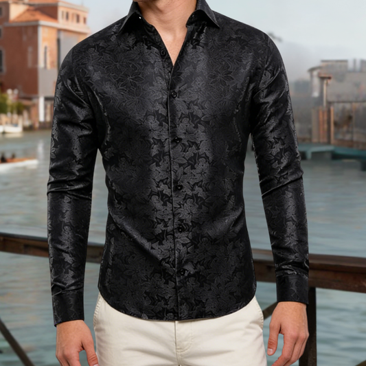 Barry. Wang Black Floral  Dress Shirt for Wedding Mens Formal Button Down Shirt