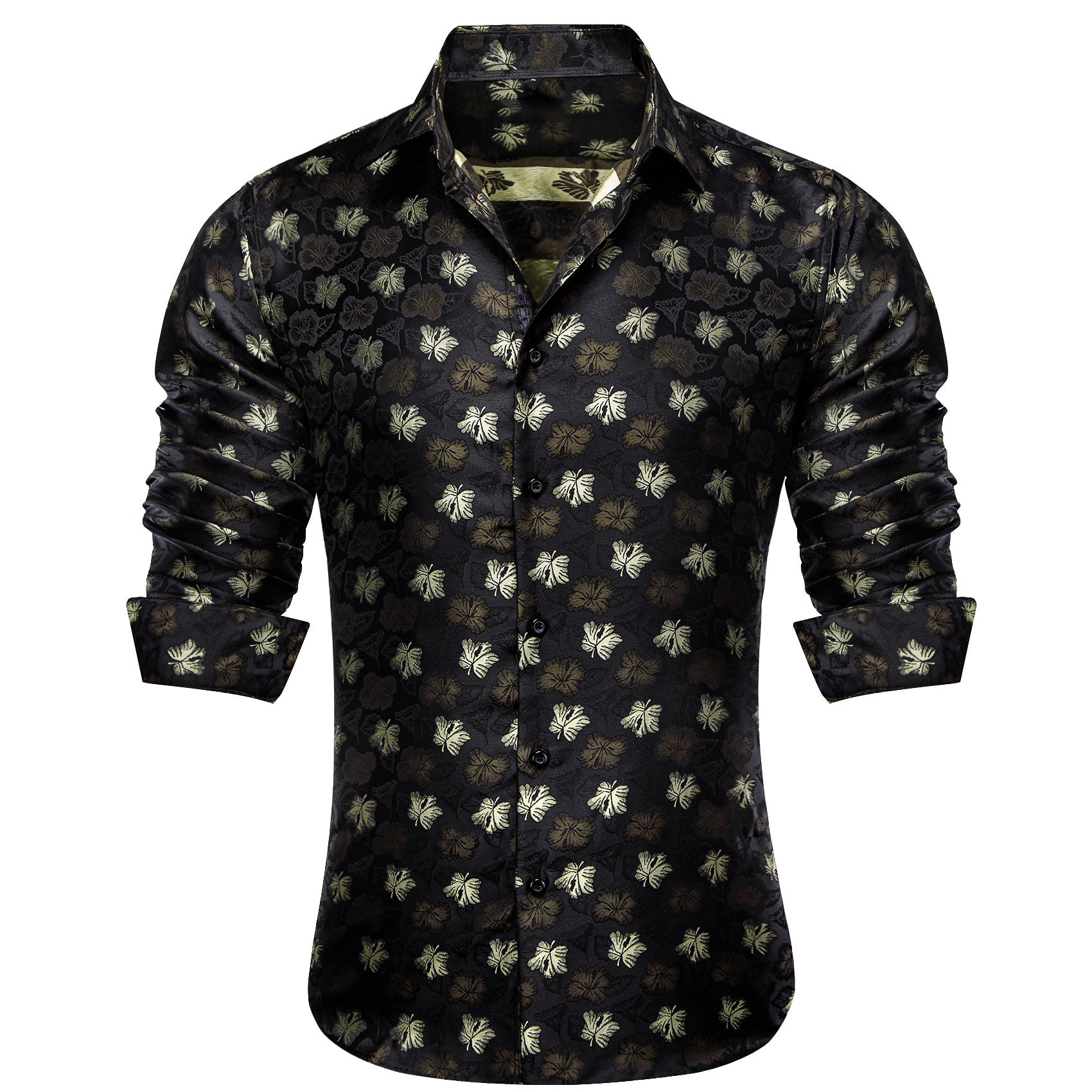 Barry. Wang Black Mens Shirt Pastel Gray Leaves Pattern Long Sleeve Button Down Dress Shirt