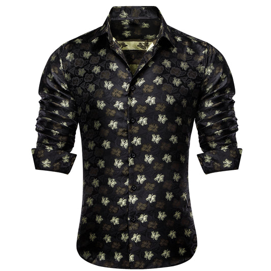 Barry.Wang 2pcs Mens Shirts White Black Floral Shirt Silk Shirt
