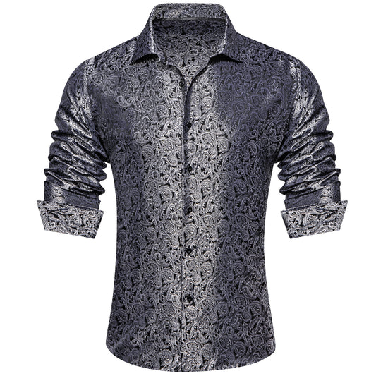 Barry. Wang Mens Grey Paisley Dress Shirt Long Sleeve Button Down Shirt