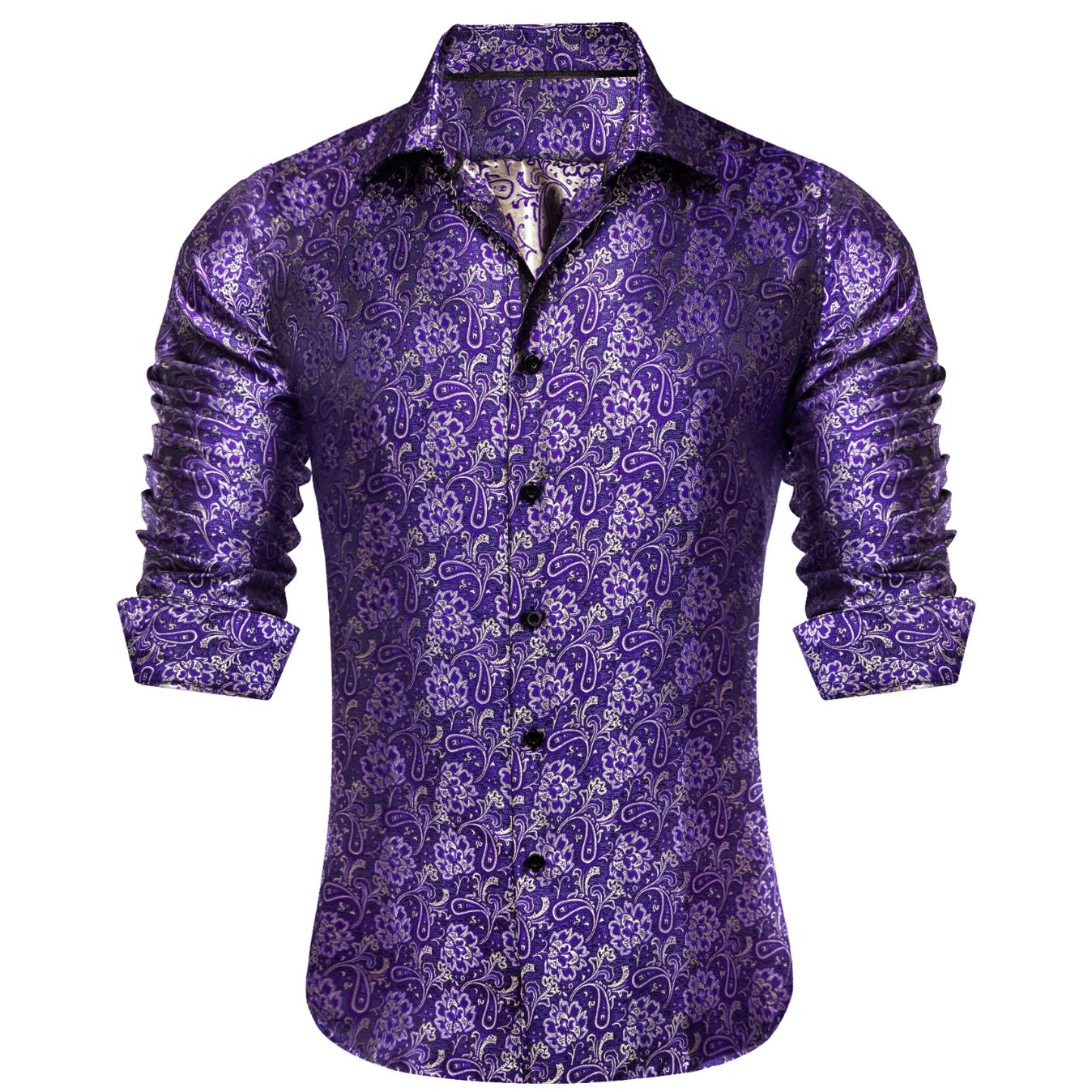 Barry. Wang  Purple Floral Shirt Button Down Silk Long Sleeve Party Shirt
