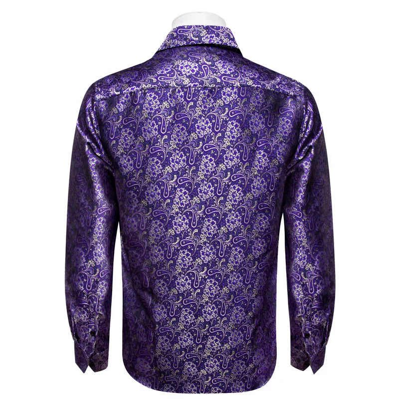 Barry. Wang  Purple Floral Shirt Button Down Silk Long Sleeve Party Shirt