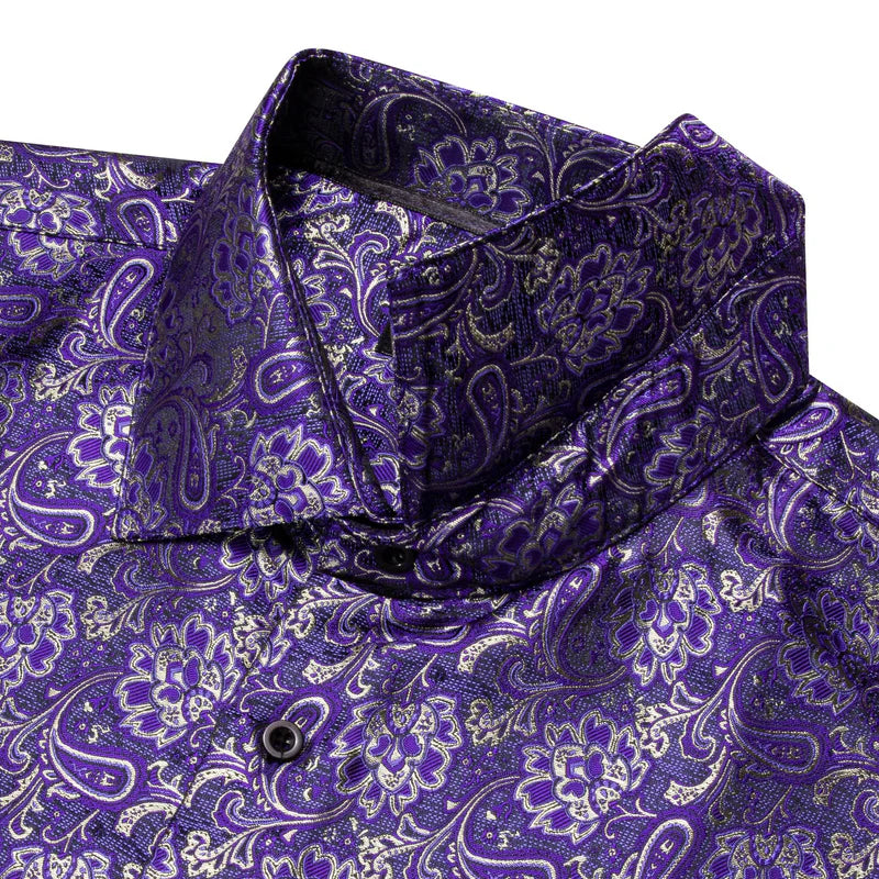 Barry. Wang  Purple Floral Shirt Button Down Silk Long Sleeve Party Shirt