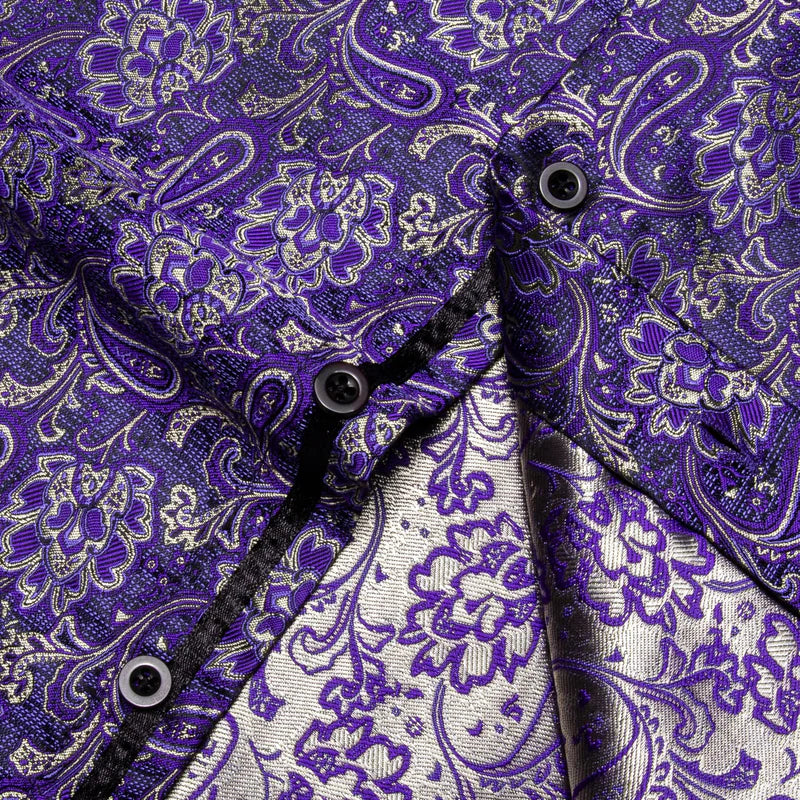 Barry. Wang  Purple Floral Shirt Button Down Silk Long Sleeve Party Shirt