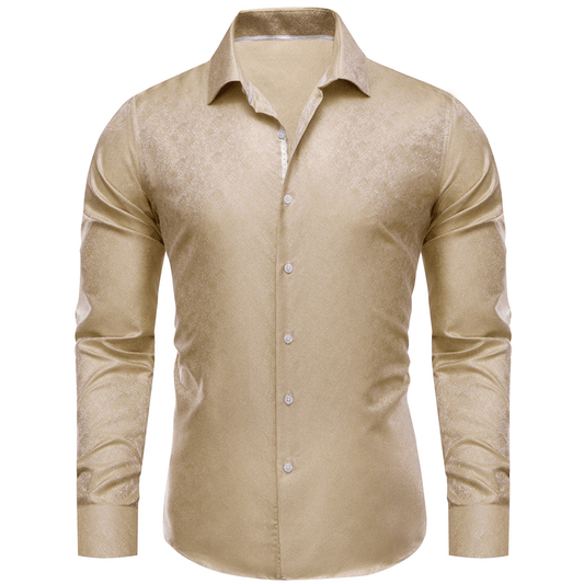 Barry. Wang Champagne Dress Shirt Mens Silk Long Sleeve Button Down Shirt