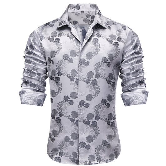 Barry.Wang 2pcs Mens Shirts Grey Black Paisley Shirt Silk Shirt