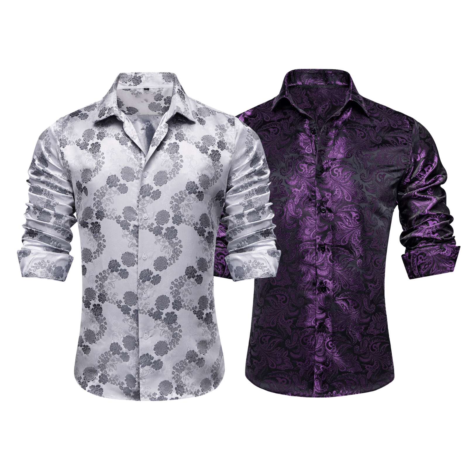 Barry.Wang 2pcs Mens Shirts Grey Purple Paisley Shirt Silk Shirt