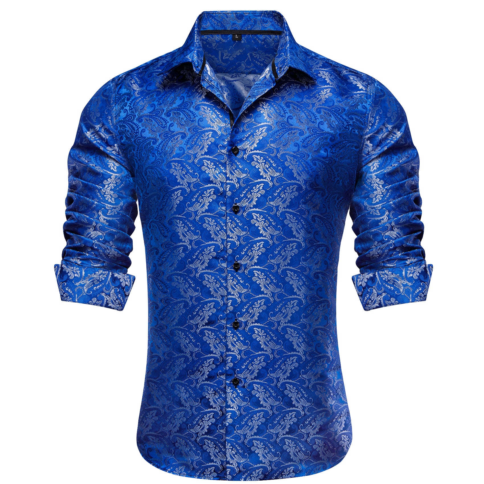 Barry.Wang 2pcs Mens Shirts Black Blue Paisley Shirt Silk Shirt