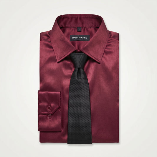 Barry. Wang Burgundy Satin Shirt with Tie Set