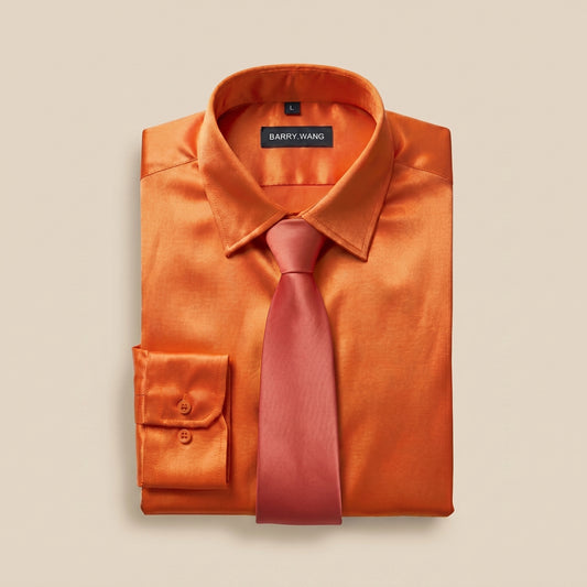 Barry. Wang Orange Satin Shirt with Tie Set