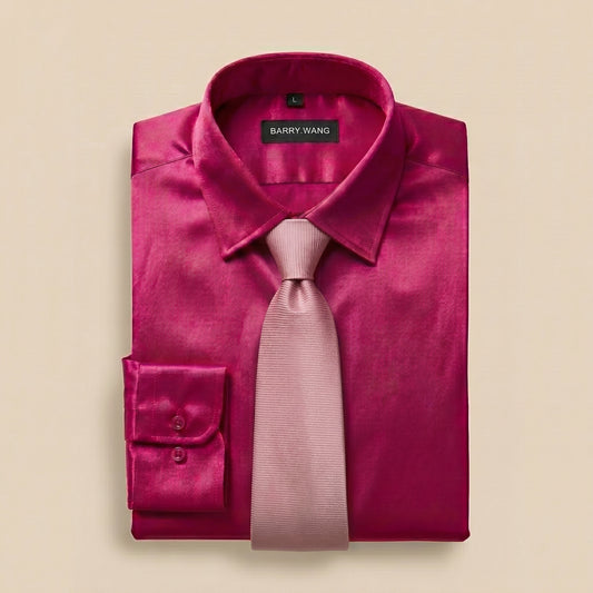 Barry. Wang Fuchsia Pink Satin Shirt with Tie Set