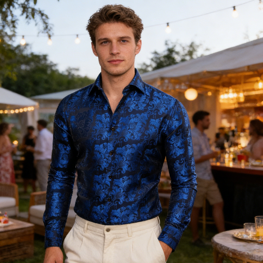 Barry. Wang Mens Floral Dress Shirt Royal Blue 70s Disco Long Sleeve Button Down Shirt