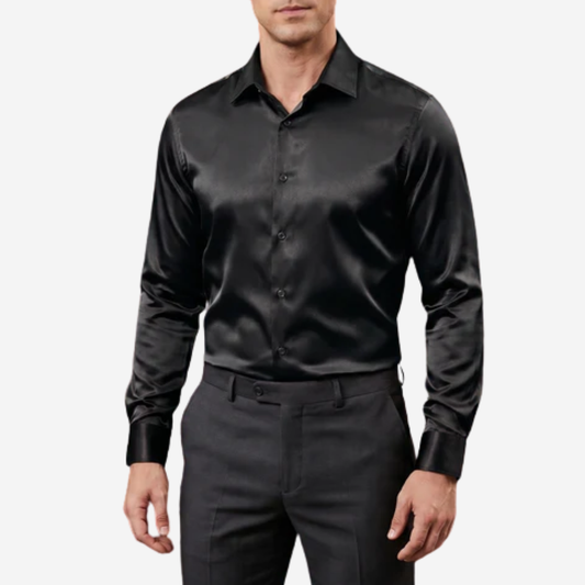 Barry. Wang Black Formal Long Sleeve Shirt for Men Satin Business Button Up Shirt