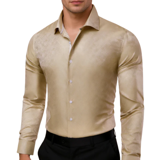Barry. Wang Beige Long Sleeve Shirt for Wedding Mens Silk Jacquard Dress Shirt