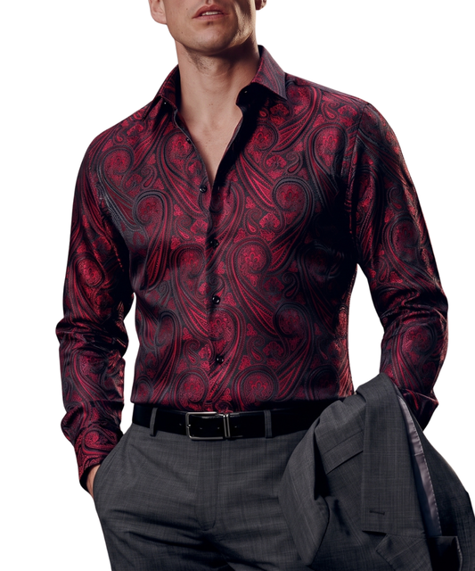 Barry. Wang Burgundy Long Sleeve Prom Shirt for Men Woven Texture Silk Party Button Down Shirt