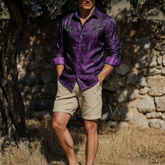 Barry. Wang Mens Purple Dress Shirt Paisley Silk Long Sleeve Button Down Shirt