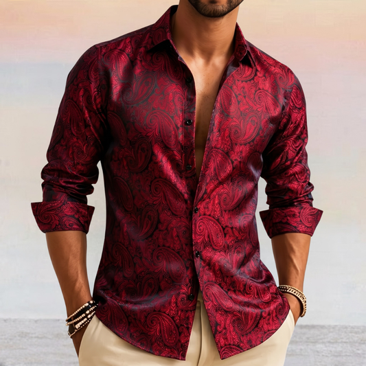 Barry. Wang Burgundy Paisley Dress Shirt Silk Long Sleeve Button Down Formal Shirt