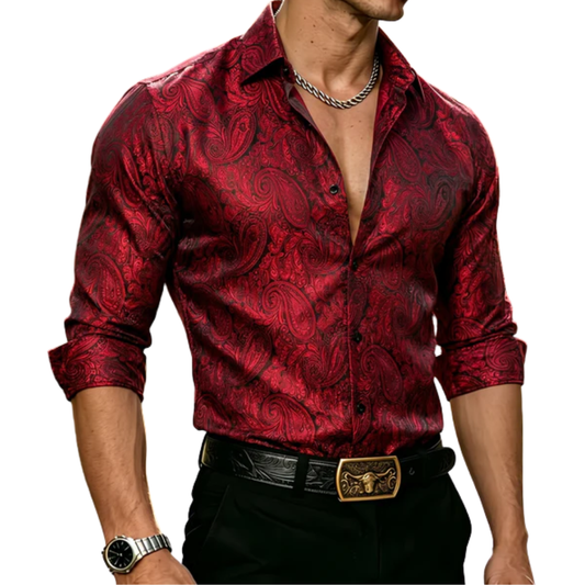 Barry. Wang Burgundy Paisley Dress Shirt Silk Long Sleeve Button Down Formal Shirt