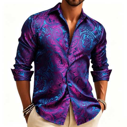Barry. Wang Mens Purple Dress Shirt 70s Disco Paisley Shirt Button Down Long Sleeve Tops