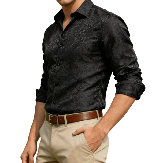 Barry. Wang Mens Black Paisley Dress Shirt Silk Business Formal Button Down Shirt