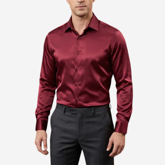 Barry. Wang Burgundy Satin Mens Dress Shirts Long Sleeve Solid Formal Shirts