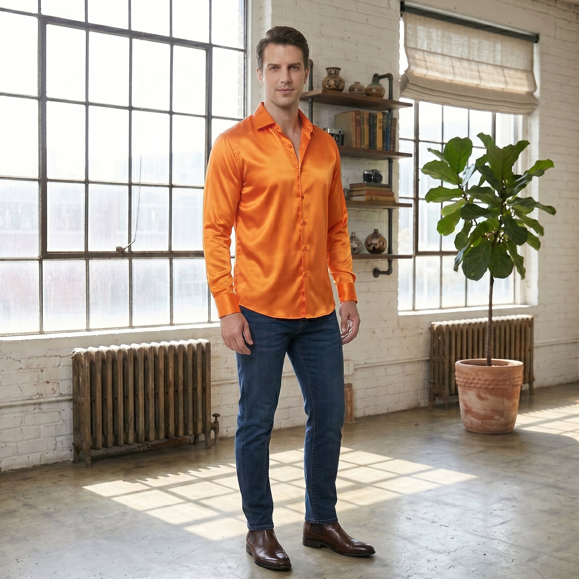 Barry. Wang Orange Satin Shirt with Tie Set Barry. Wang Orange Satin Shirt with Tie Set