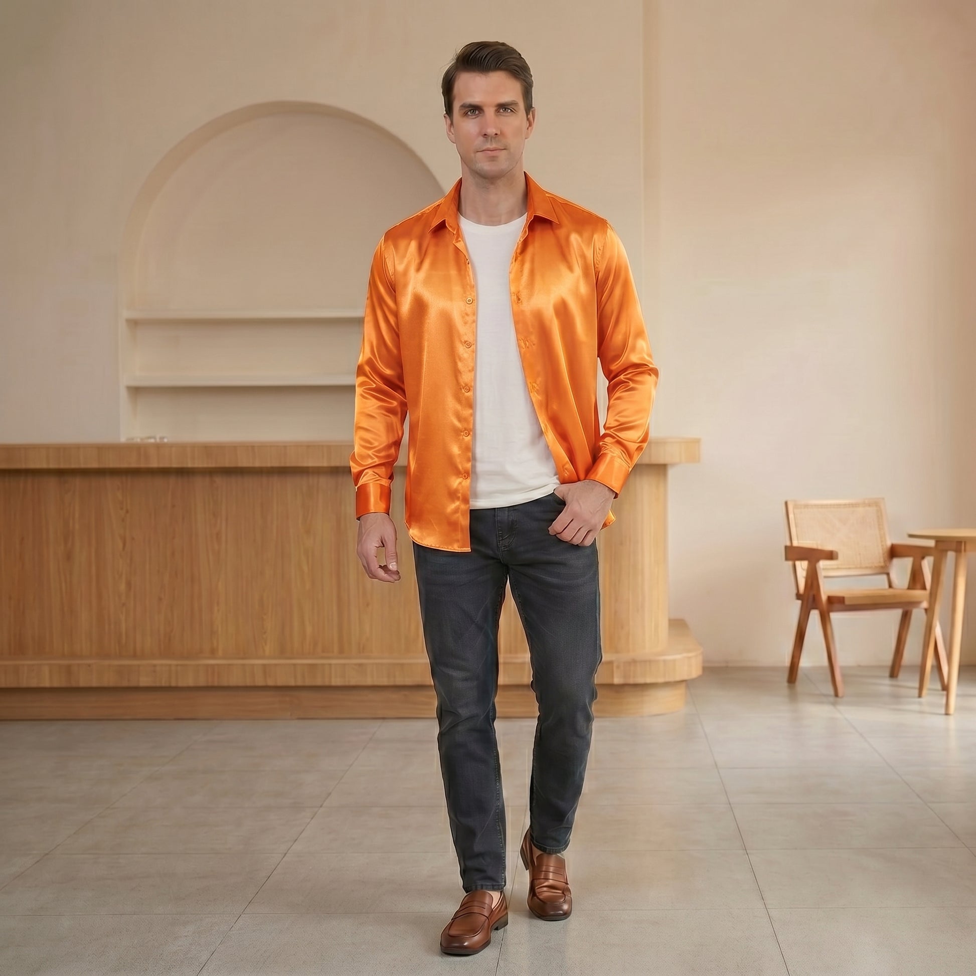 dress shirt orange Barry. Wang Mens Orange Formal Shirt Solid Satin Business Casual Dress