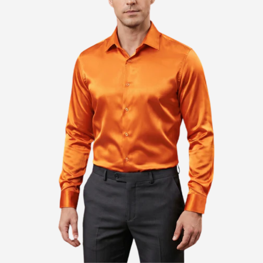 Barry. Wang Mens Orange Formal Shirt Solid Satin Business Casual Dress Shirt