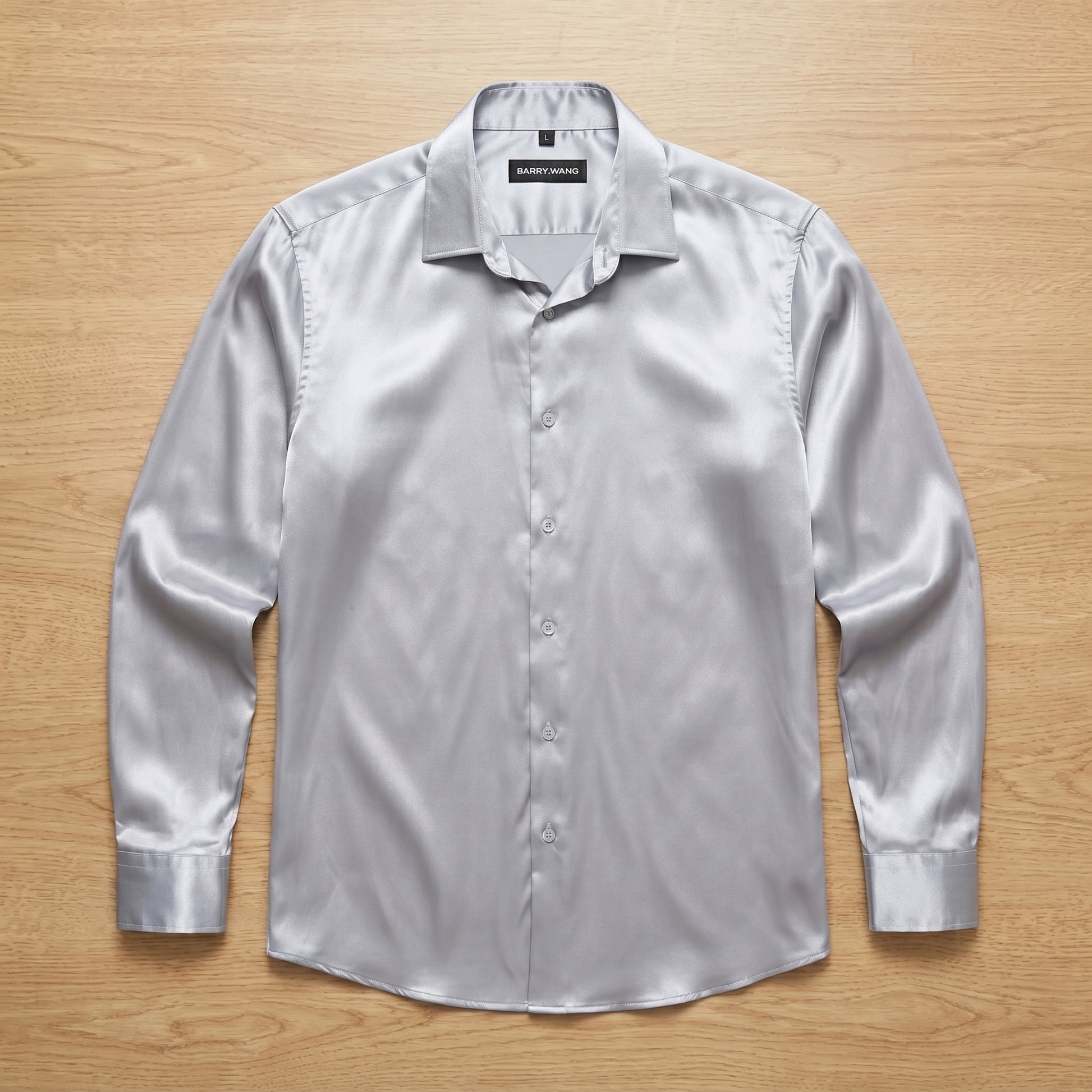 Barry. Wang Silver Satin Mens Dress Shirts Long Sleeve Solid Formal Sh Barry. Wang Silver Satin Mens Dress Shirts Long Sleeve Solid Formal Sh