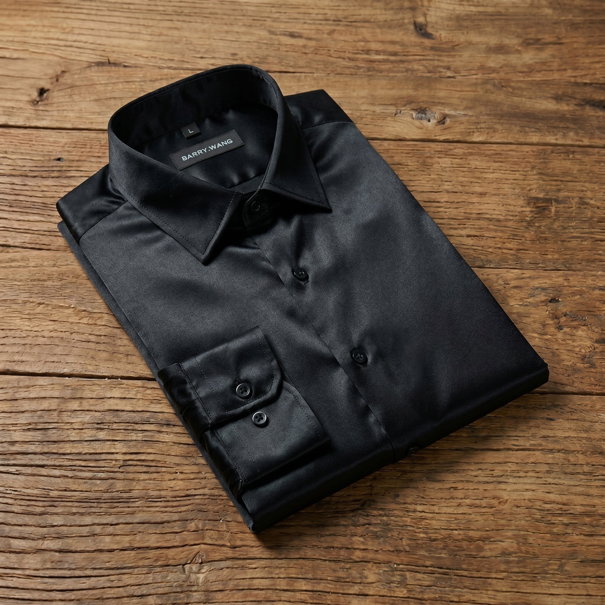 Barry. Wang Black Satin Mens Dress Shirts Long Sleeve Solid Formal Shi Barry. Wang Black Satin Mens Dress Shirts Long Sleeve Solid Formal Shi