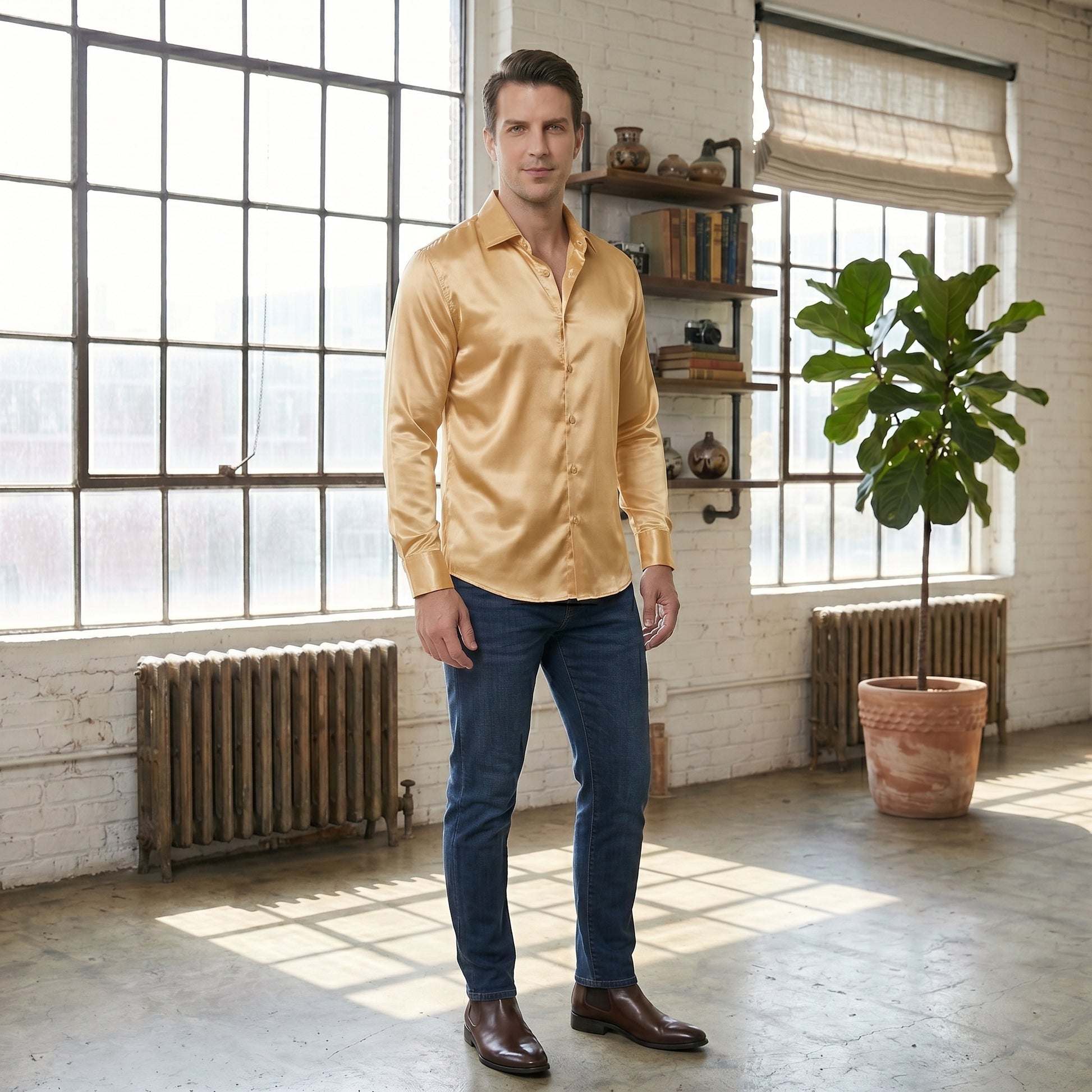 Barry. Wang Gold Formal Long Sleeve Shirt for Men Satin Business Dress