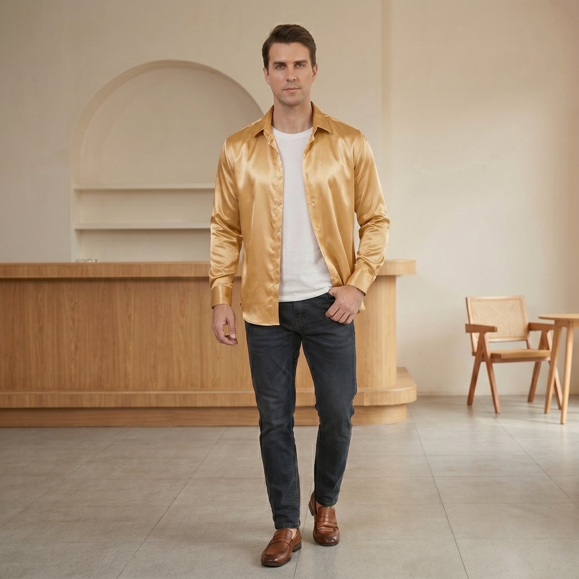 Barry. Wang Gold Satin Shirt with Tie Set