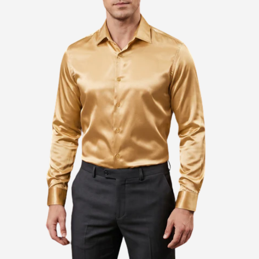 Barry. Wang Gold Formal Long Sleeve Shirt for Men Satin Business Dress Shirt